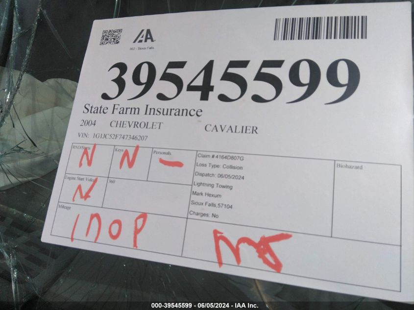 2004 Chevrolet Cavalier VIN: 1G1JC52F747346207 Lot: 39545599