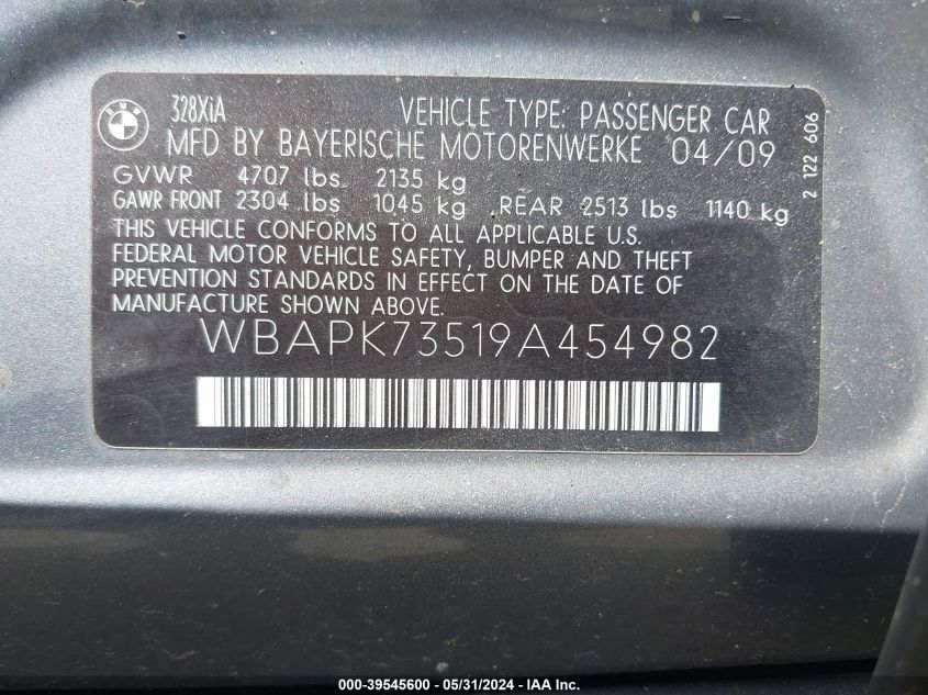 2009 BMW 328I xDrive VIN: WBAPK73519A454982 Lot: 39545600