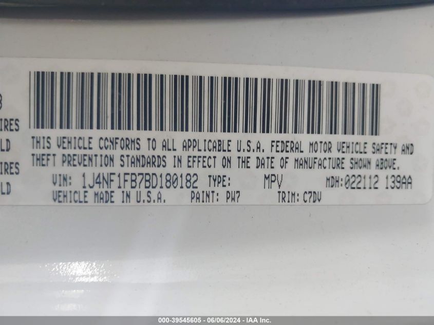 2011 Jeep Compass VIN: 1J4NF1FB7BD180182 Lot: 39545605