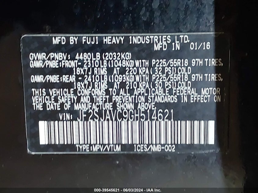 2016 Subaru Forester 2.5I Touring VIN: JF2SJAVC9GH514621 Lot: 39545621