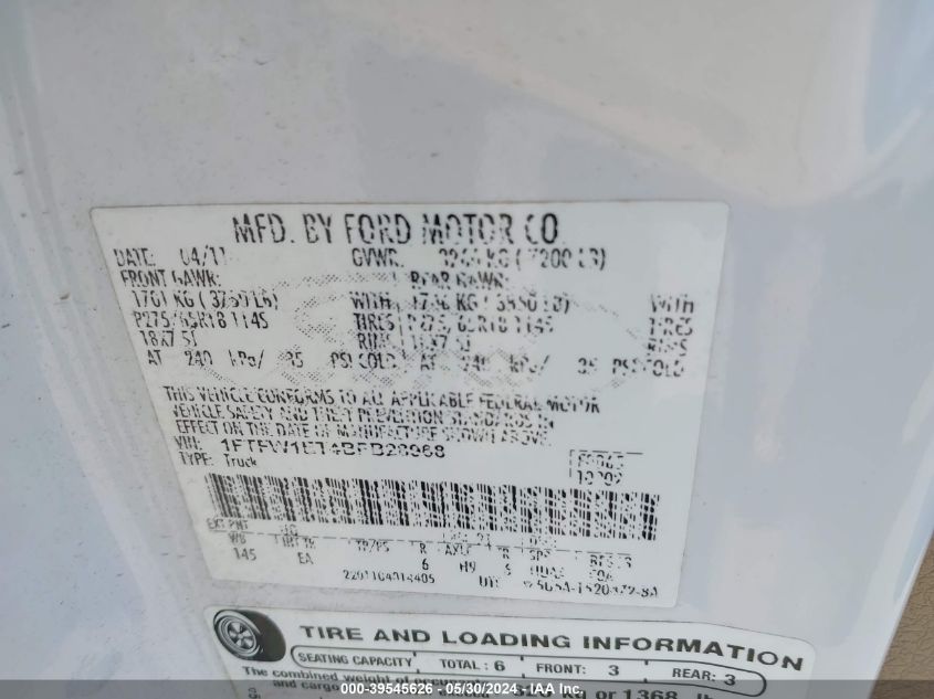 2011 Ford F-150 Lariat VIN: 1FTFW1ET4BFB28968 Lot: 39545626