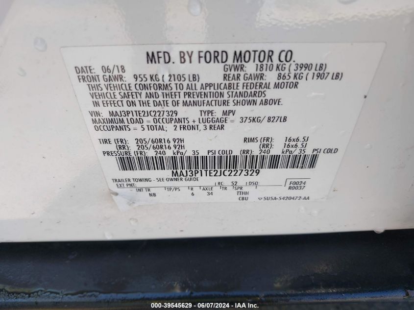 MAJ3P1TE2JC227329 2018 Ford Ecosport Se