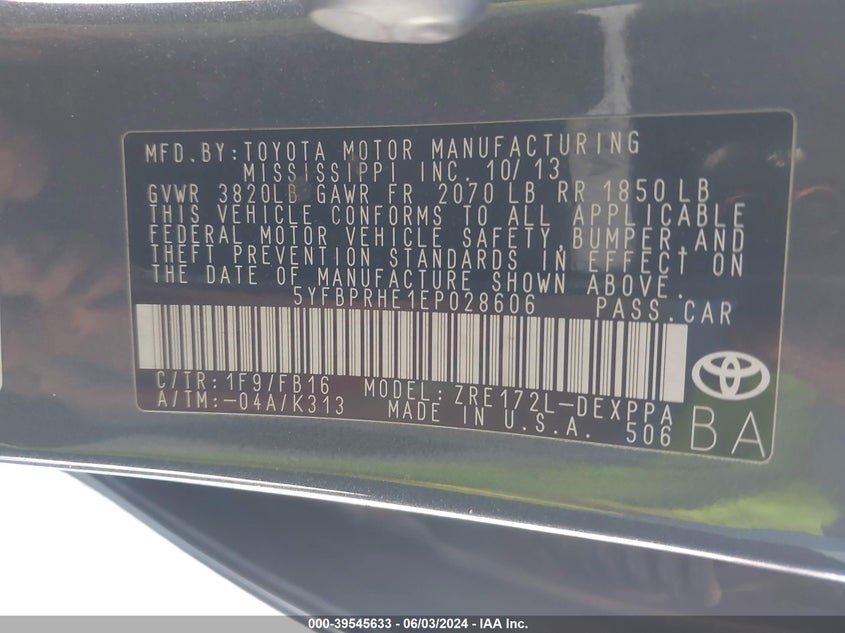 2014 Toyota Corolla Le Eco Plus VIN: 5YFBPRHE1EP028606 Lot: 39545633