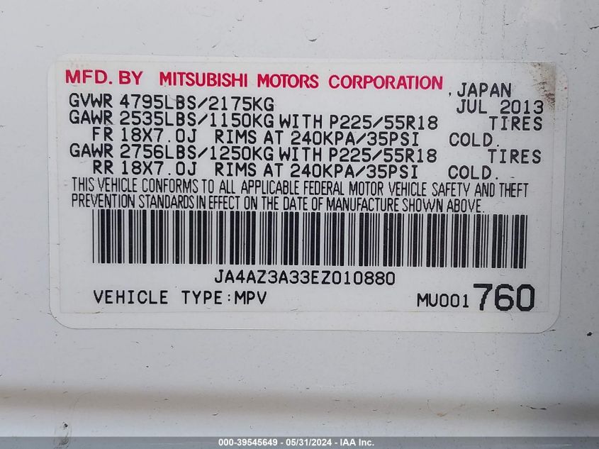 2014 Mitsubishi Outlander Se VIN: JA4AZ3A33EZ010880 Lot: 39545649