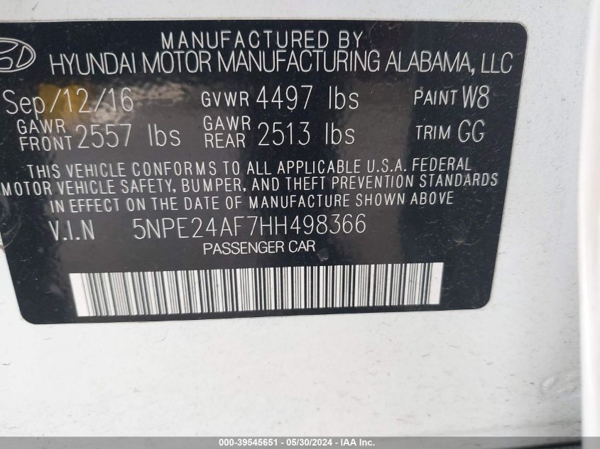 2017 HYUNDAI SONATA SE - 5NPE24AF7HH498366