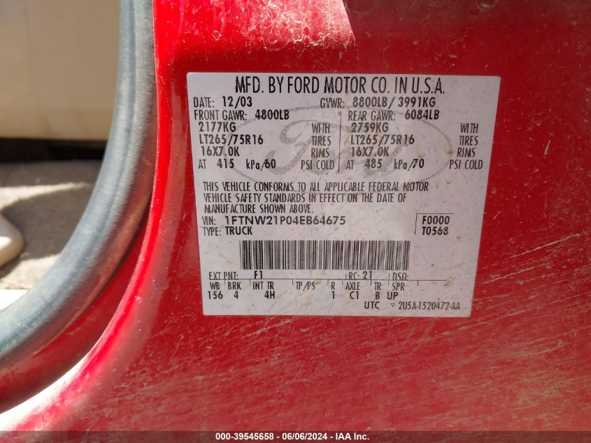 2004 Ford F-250 Lariat/Xl/Xlt VIN: 1FTNW21P04EB64675 Lot: 39545658