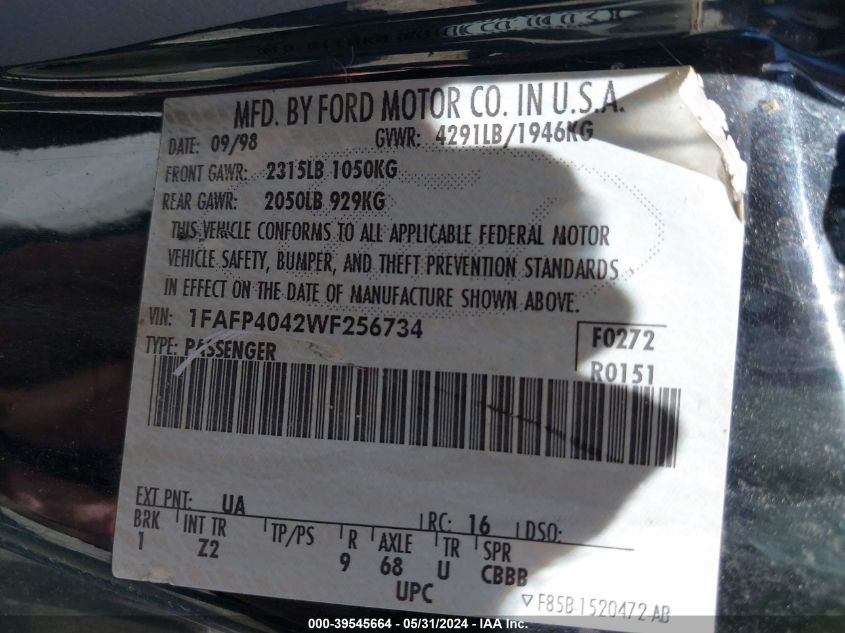 1998 Ford Mustang VIN: 1FAFP4042WF256734 Lot: 39545664