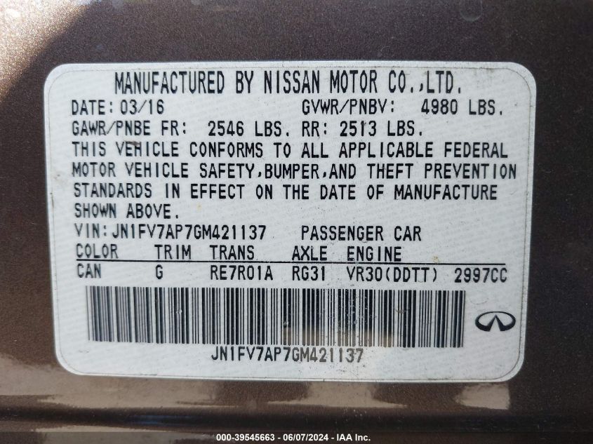 2016 Infiniti Q50 3.0T Red Sport 400 VIN: JN1FV7AP7GM421137 Lot: 39545663