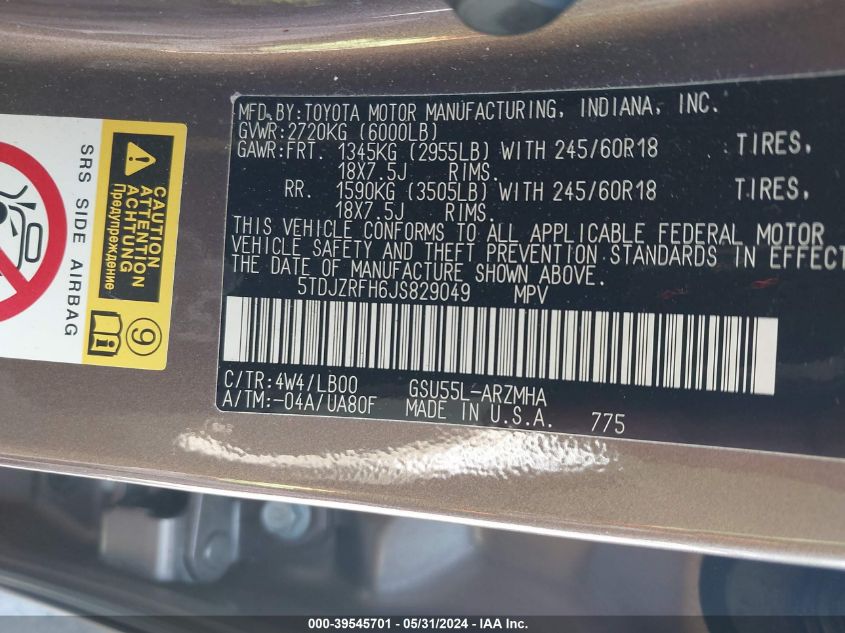 2018 Toyota Highlander Xle VIN: 5TDJZRFH6JS829049 Lot: 39545701