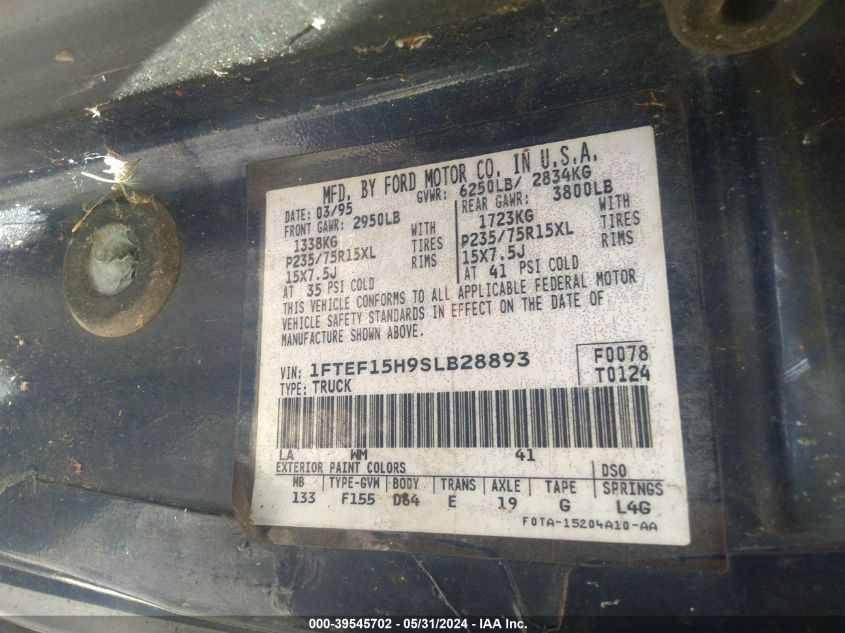 1995 Ford F150 VIN: 1FTEF15H9SLB28893 Lot: 39545702