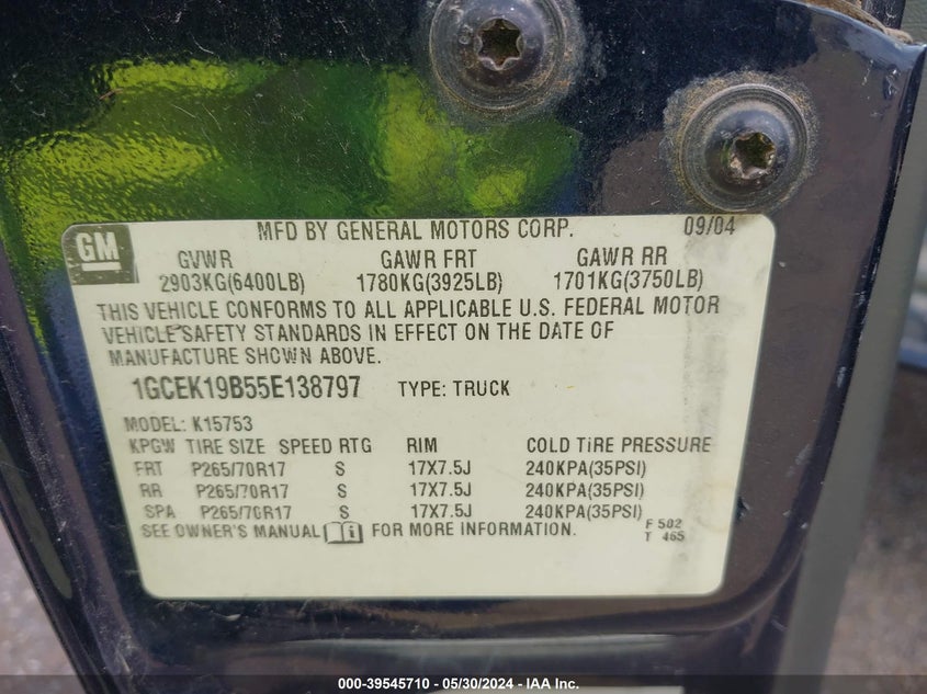 2005 Chevrolet Silverado 1500 Z71 VIN: 1GCEK19B55E138797 Lot: 39545710