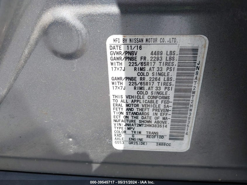 2017 Nissan Rogue Sv VIN: JN8AT2MT2HW383514 Lot: 39545717