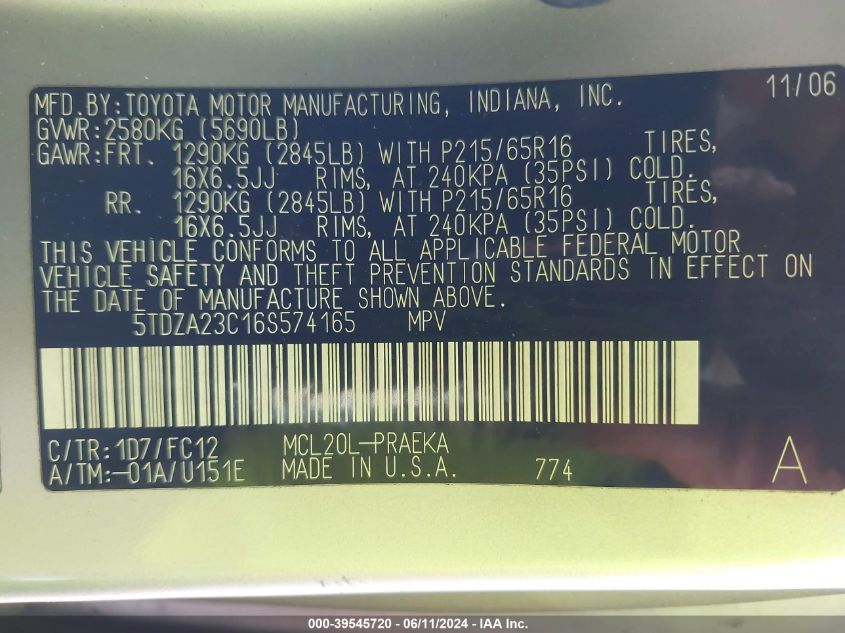 2006 Toyota Sienna Le VIN: 5TDZA23C16S574165 Lot: 39545720