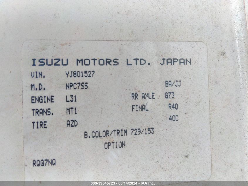 2000 Isuzu Npr VIN: 4KLC4B1R0YJ801527 Lot: 39545723