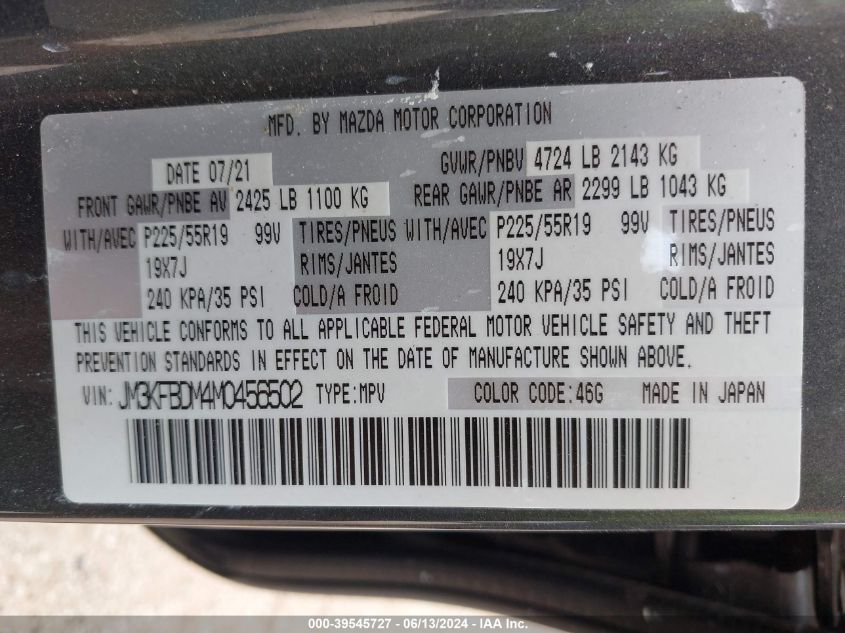 2021 Mazda Cx-5 Grand Touring VIN: JM3KFBDM4M0456502 Lot: 39545727