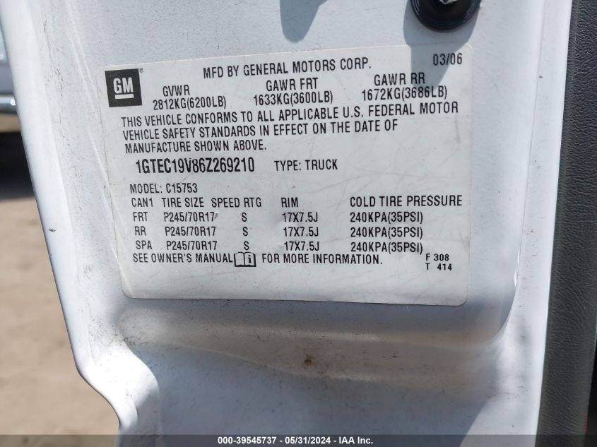 2006 GMC New Sierra C1500 VIN: 1GTEC19V86Z269210 Lot: 39545737