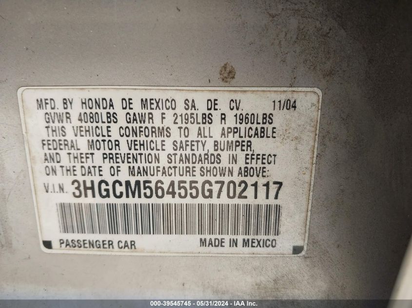 2005 Honda Accord 2.4 Lx VIN: 3HGCM56455G702117 Lot: 39545745