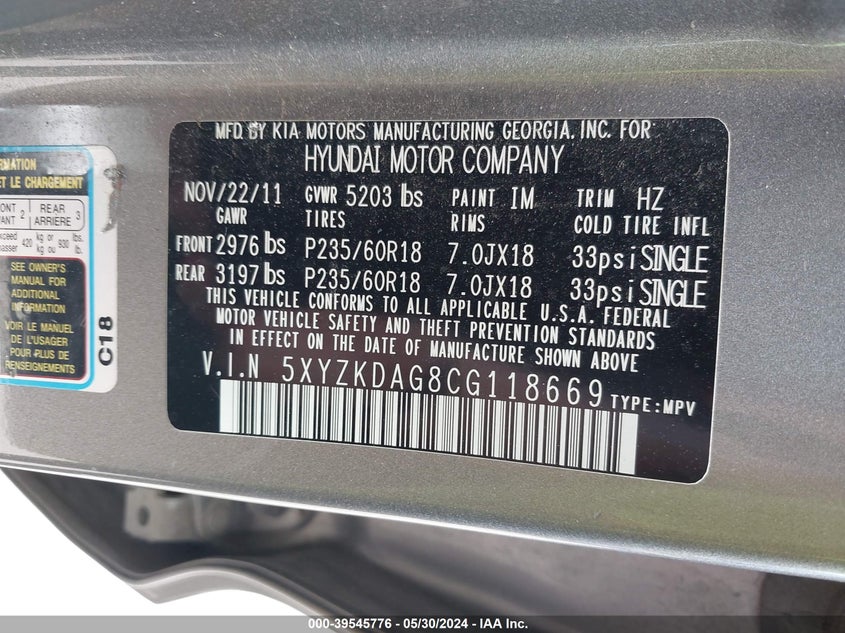 2012 Hyundai Santa Fe Limited V6 VIN: 5XYZKDAG8CG118669 Lot: 39545776