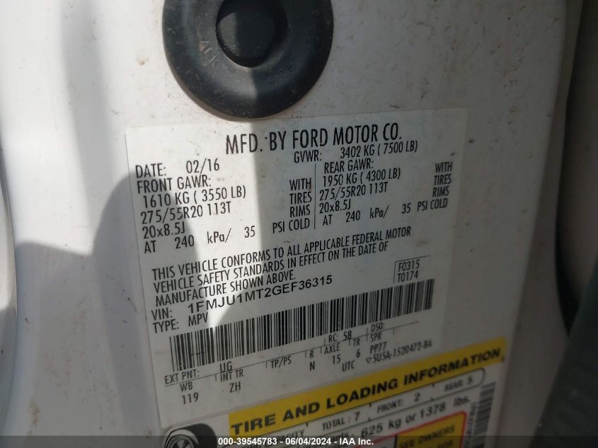 2016 Ford Expedition Platinum VIN: 1FMJU1MT2GEF36315 Lot: 39545783