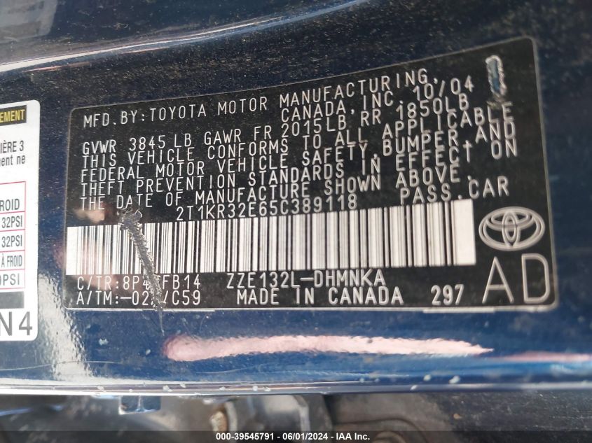 2005 Toyota Corolla Matrix Xr VIN: 2T1KR32E65C389118 Lot: 39545791