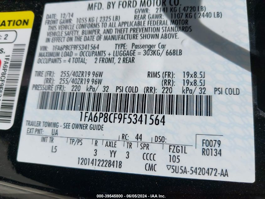 2015 Ford Mustang Gt Premium VIN: 1FA6P8CF9F5341564 Lot: 39545800