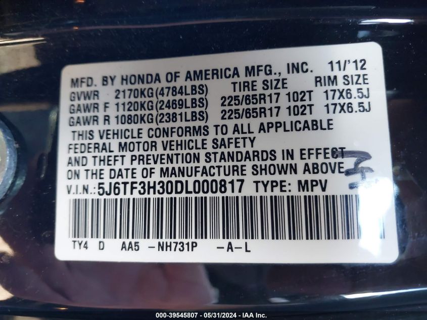 2013 Honda Crosstour Ex VIN: 5J6TF3H30DL000817 Lot: 39545807