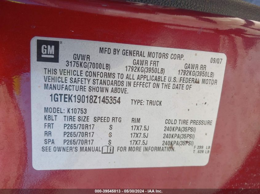 2008 GMC Sierra 1500 Sle1 VIN: 1GTEK19018Z145354 Lot: 39545813