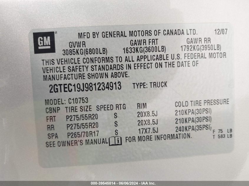 2008 GMC Sierra 1500 Sle1 VIN: 2GTEC19J981234913 Lot: 39545814
