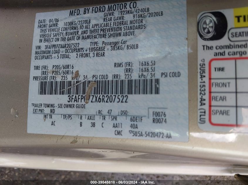 2006 Ford Fusion Se VIN: 3FAFP07ZX6R207522 Lot: 39545818
