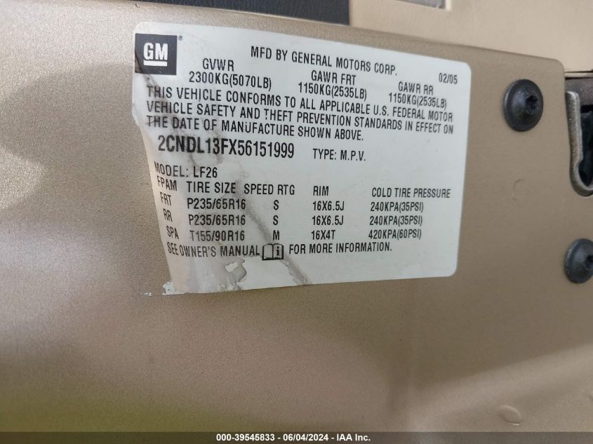 2005 Chevrolet Equinox Ls VIN: 2CNDL13FX56151999 Lot: 39545833