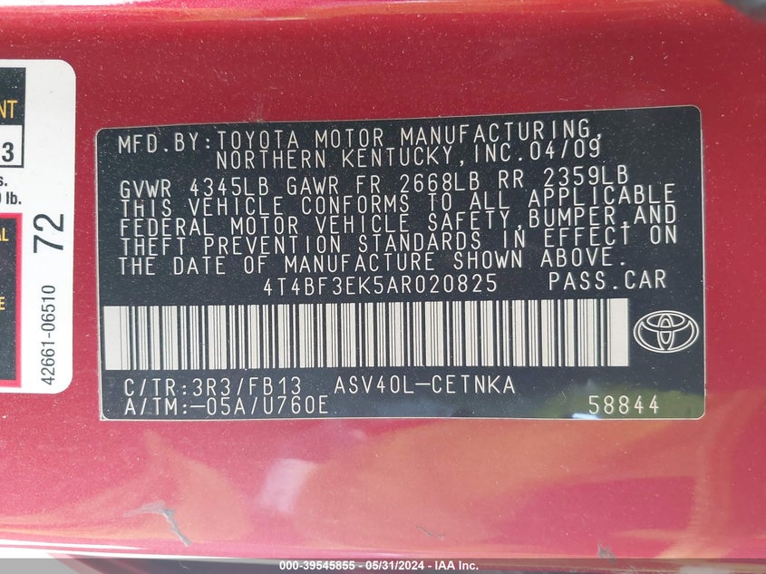 2010 Toyota Camry Se/Le/Xle VIN: 4T4BF3EK5AR020825 Lot: 39545855