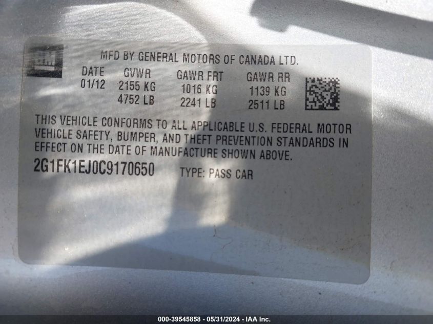 2012 Chevrolet Camaro 2Ss VIN: 2G1FK1EJ0C9170650 Lot: 39545858