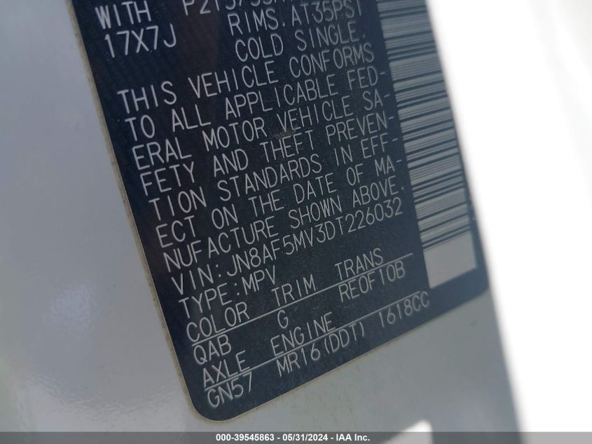 2013 Nissan Juke Sl VIN: JN8AF5MV3DT226032 Lot: 39545863