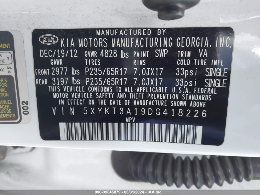 2013 Kia Sorento Lx VIN: 5XYKT3A19DG418226 Lot: 39545879