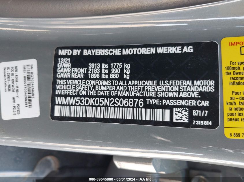 2022 Mini Hardtop Cooper S VIN: WMW53DK05N2S06876 Lot: 39545880