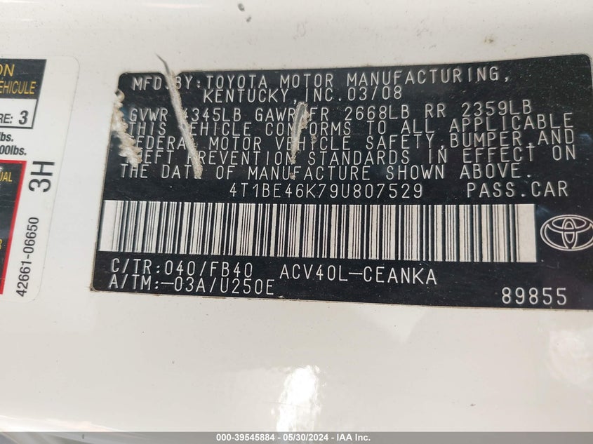 2009 Toyota Camry Le VIN: 4T1BE46K79U807529 Lot: 39545884