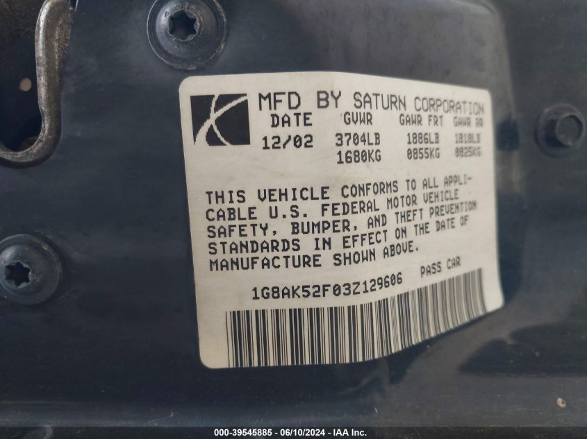 2003 Saturn Ion 3 VIN: 1G8AK52F03Z129606 Lot: 39545885