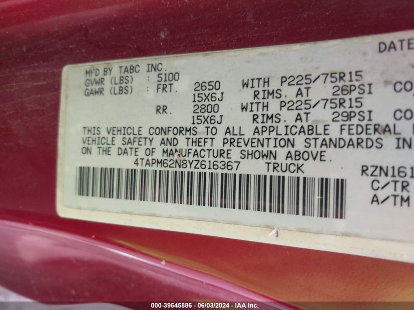 2000 Toyota Tacoma VIN: 4TAPM62N8YZ616367 Lot: 39545886