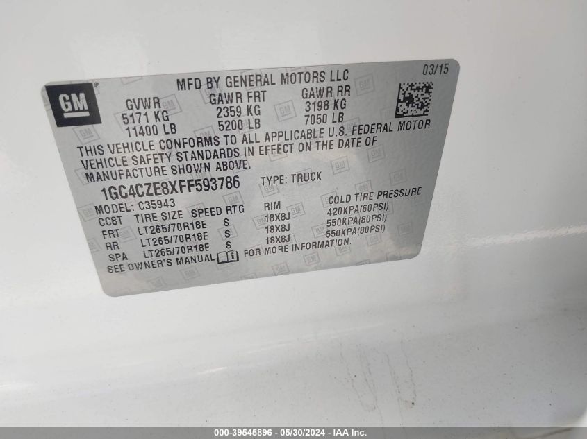 2015 Chevrolet Silverado 3500Hd Lt VIN: 1GC4CZE8XFF593786 Lot: 39545896