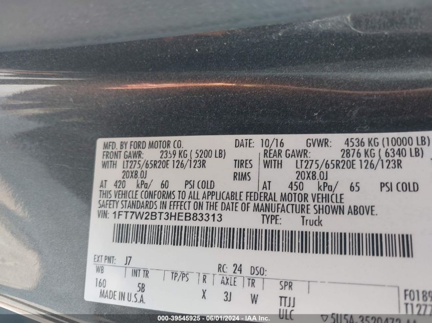 2017 Ford F-250 Lariat VIN: 1FT7W2BT3HEB83313 Lot: 39545925