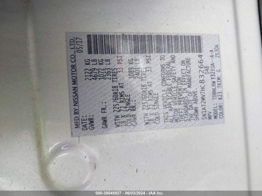 2017 Nissan Rogue Sl VIN: 5N1AT2MV7HC832664 Lot: 39545927