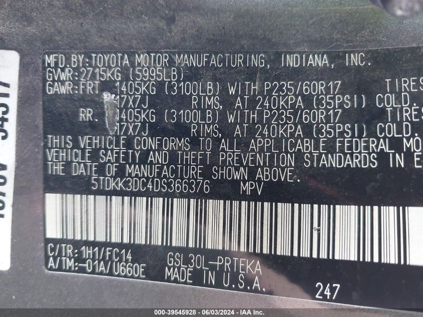 2013 Toyota Sienna Le V6 8 Passenger VIN: 5TDKK3DC4DS366376 Lot: 39545928