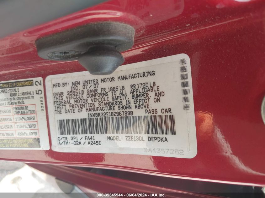 2008 Toyota Corolla Ce VIN: 1NXBR32E18Z967838 Lot: 39545944