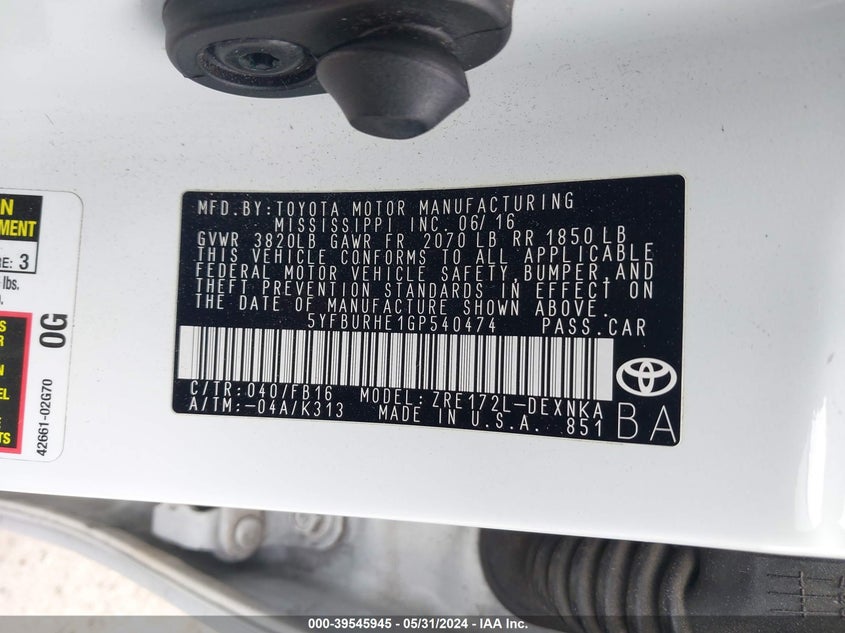 2016 Toyota Corolla L/Le/Le Pls/Prm/S/S Pls VIN: 5YFBURHE1GP540474 Lot: 39545945