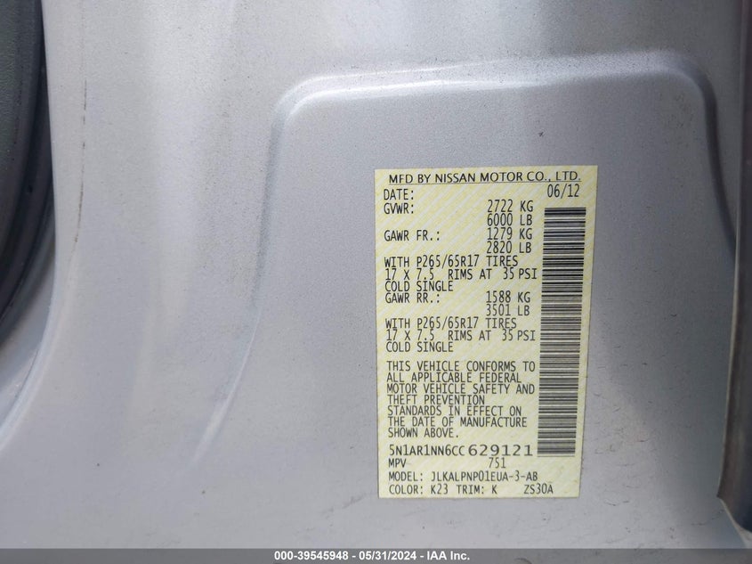 2012 Nissan Pathfinder Silver VIN: 5N1AR1NN6CC629121 Lot: 39545948