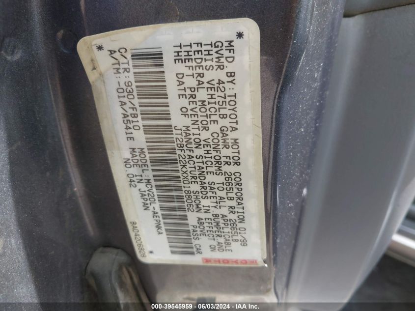 1999 Toyota Camry Le V6 VIN: JT2BF22KXX0188062 Lot: 39545959