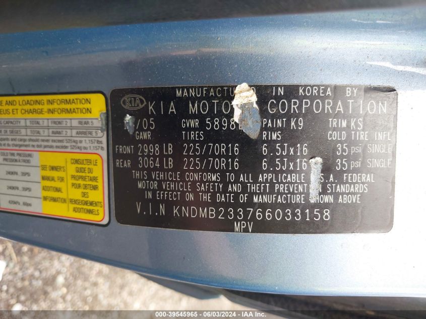 2006 Kia Sedona Ex/Lx VIN: KNDMB233766033158 Lot: 39545965