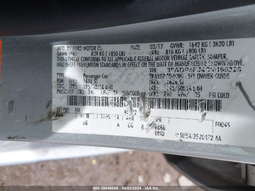 2012 Ford Fiesta Ses VIN: 3FADP4FJ4CM196326 Lot: 39546008