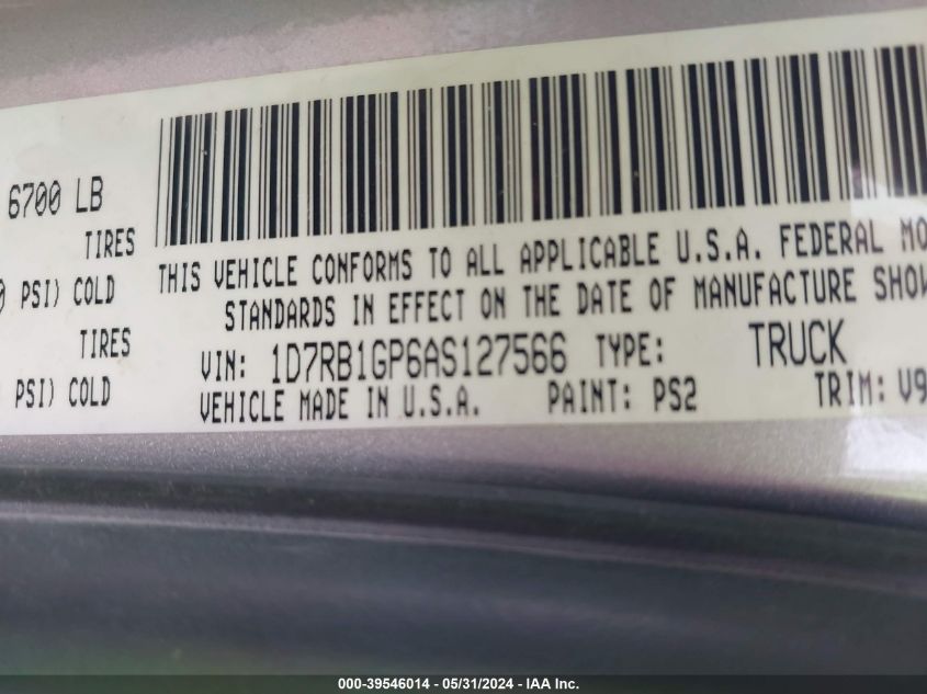 2010 Dodge Ram 1500 Slt/Sport/Trx VIN: 1D7RB1GP6AS127566 Lot: 39546014