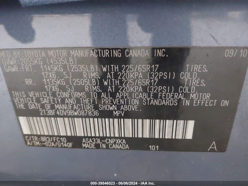 2011 Toyota Rav4 VIN: 2T3BF4DV9BW087836 Lot: 39546023